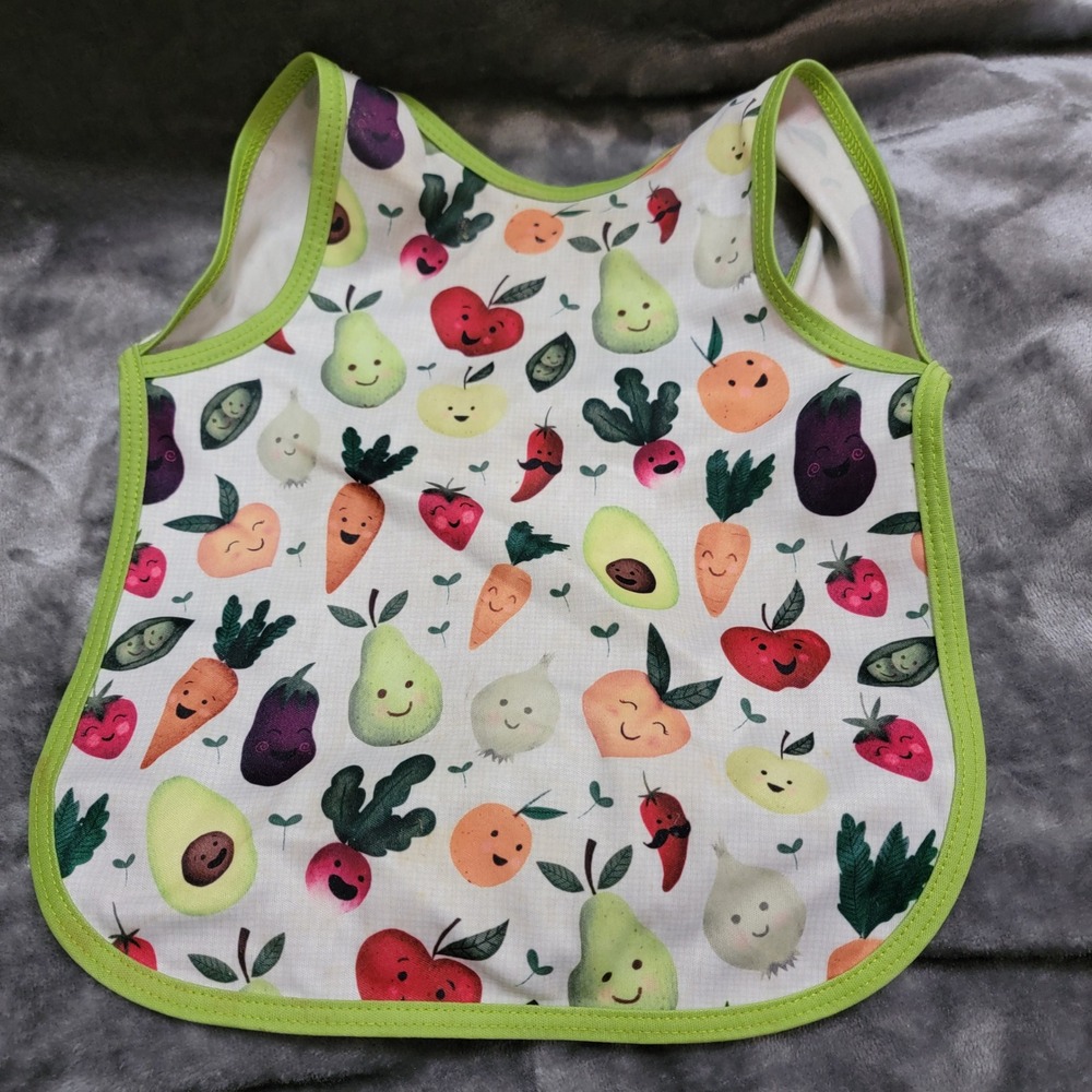 BapronBaby Bib Kids OS White Green Fruit Veggie Print Waterproof Excellent M934